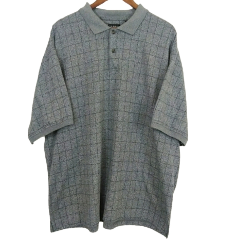 George Menswear Gray Cotton Grid Check Polo Business Casual Shirt Top Size XL
